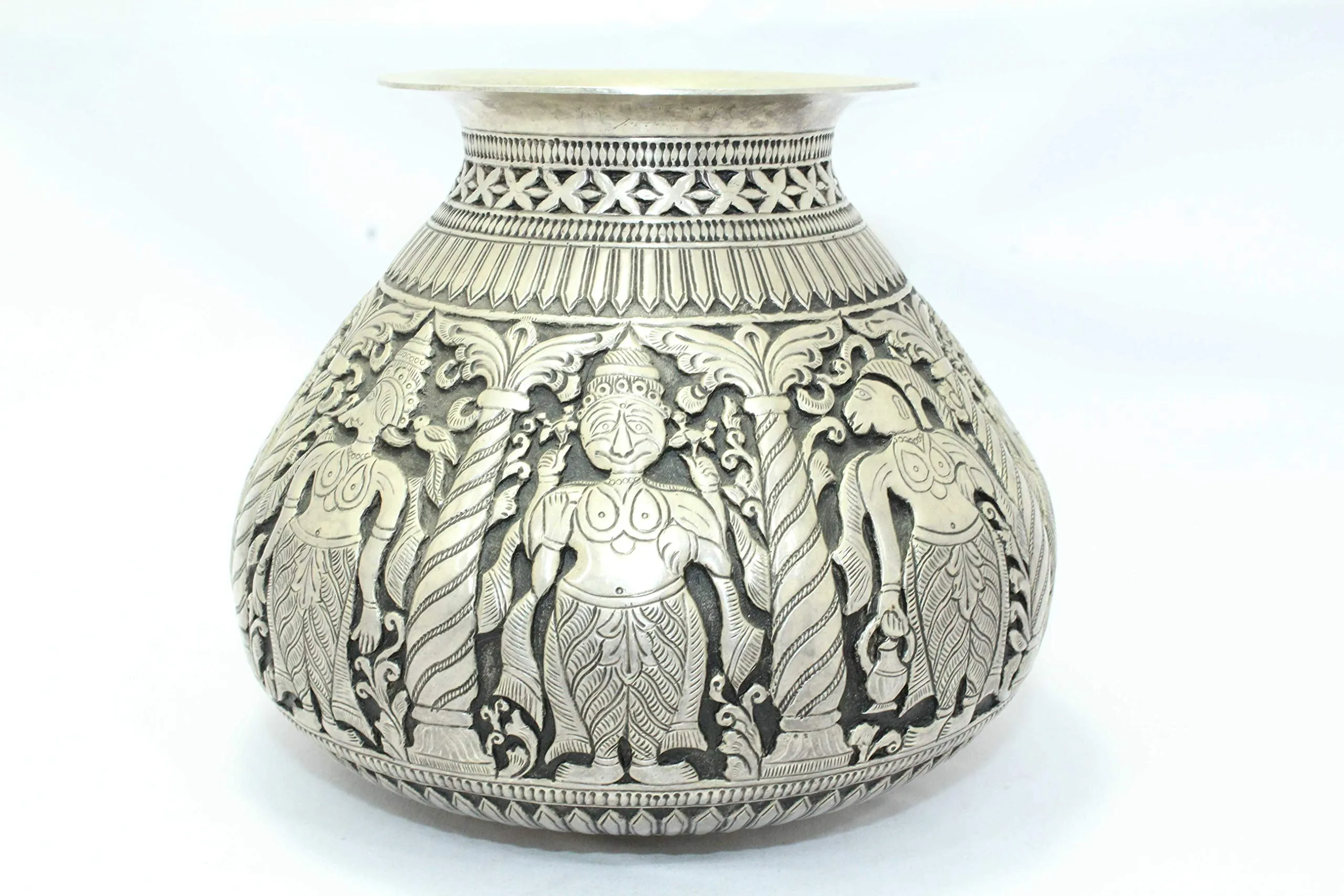 PH Artistic Antique Handmade India Temple Holy Water Pot Kalash Solid Silver Hand Carved