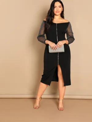 Plus Off Shoulder Mesh Sleeve Zip Up Dress