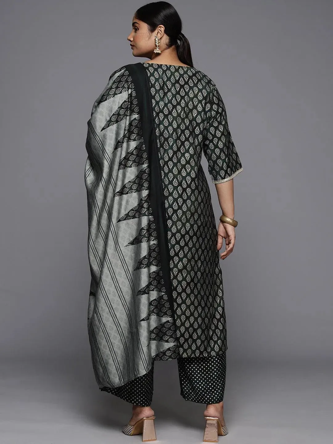 Plus Size Green Yoke Design Silk Blend Straight Suit With Dupatta