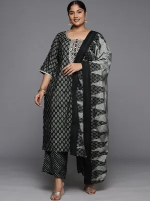 Plus Size Green Yoke Design Silk Blend Straight Suit With Dupatta