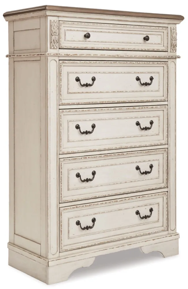 Realyn California King Upholstered Panel Bed with Mirrored Dresser, Chest and 2 Nightstands