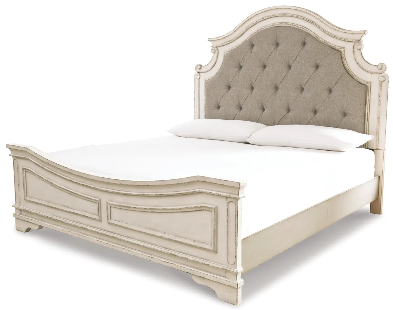 Realyn California King Upholstered Panel Bed with Mirrored Dresser, Chest and 2 Nightstands