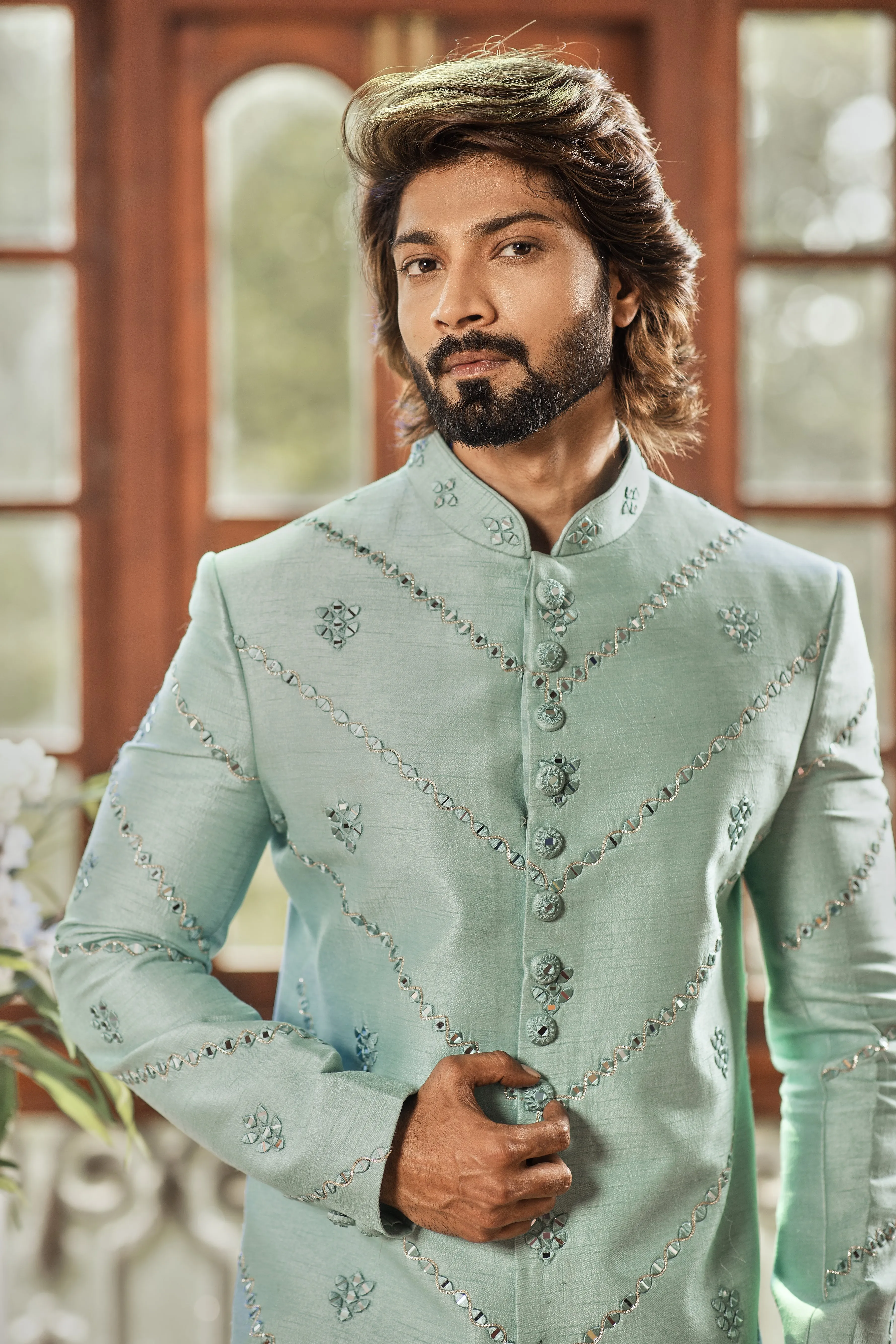 Sea green indo western for Men with mirror work