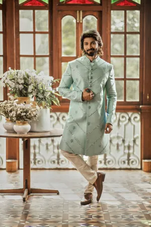 Sea green indo western for Men with mirror work