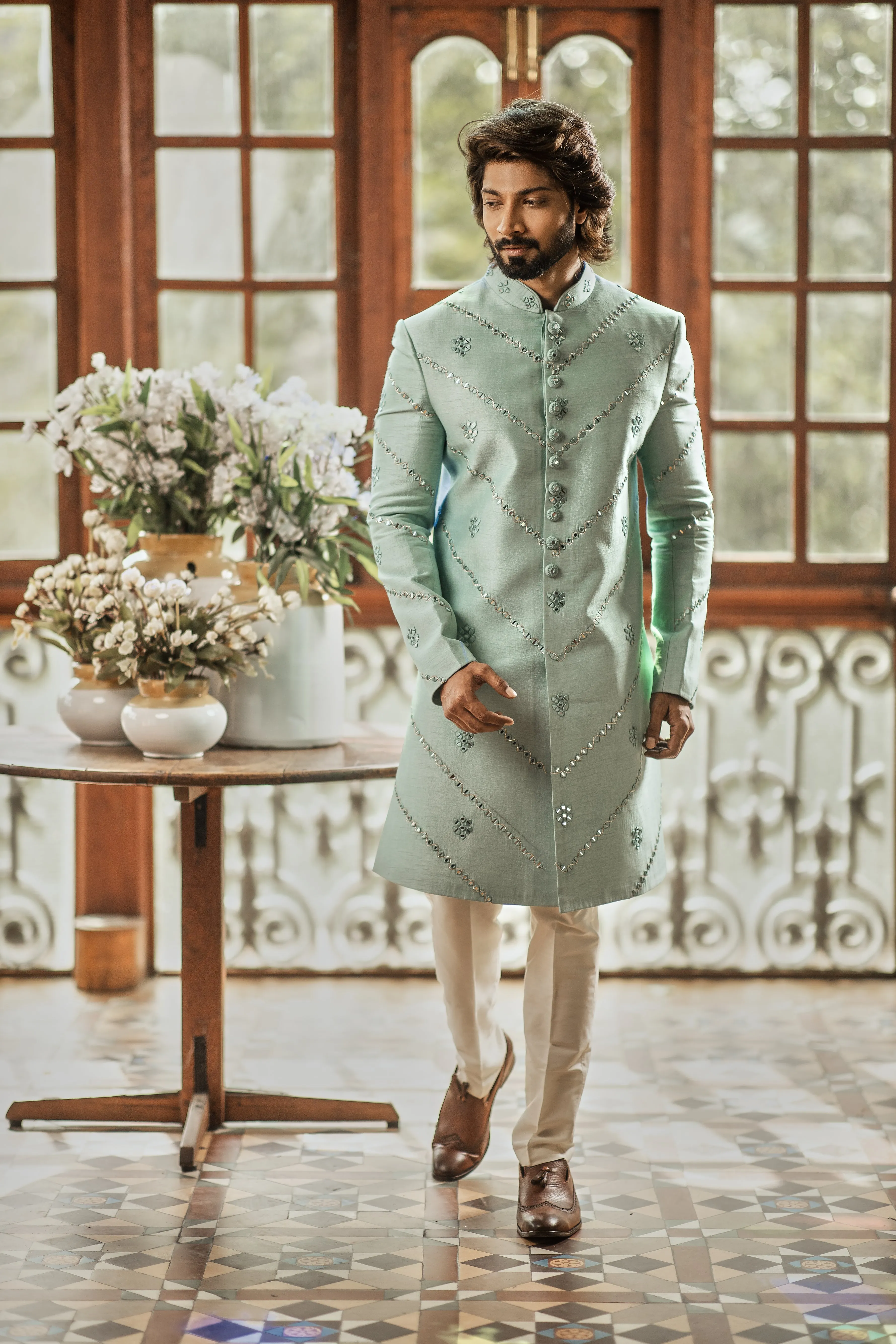 Sea green indo western for Men with mirror work