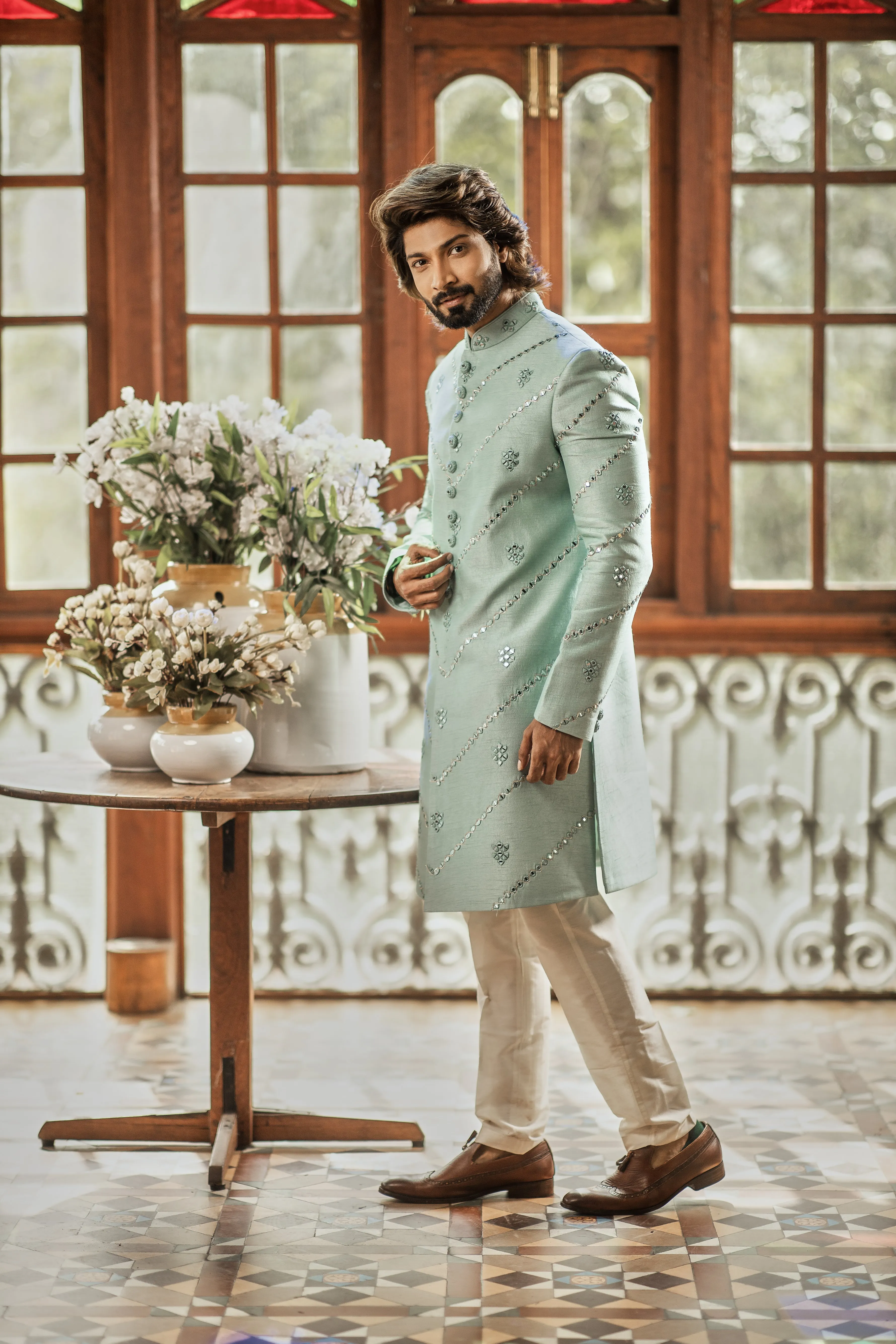 Sea green indo western for Men with mirror work