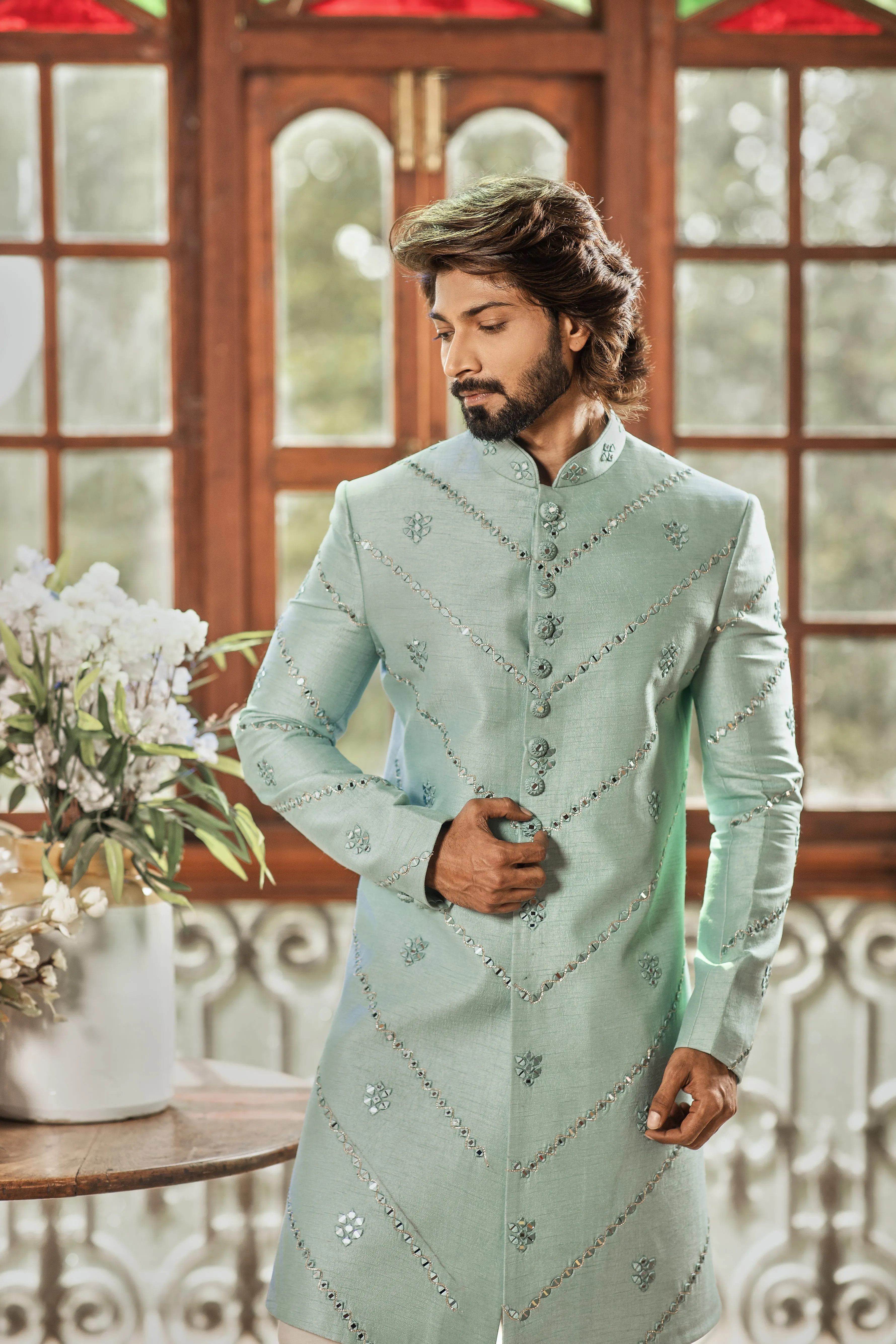 Sea green indo western for Men with mirror work