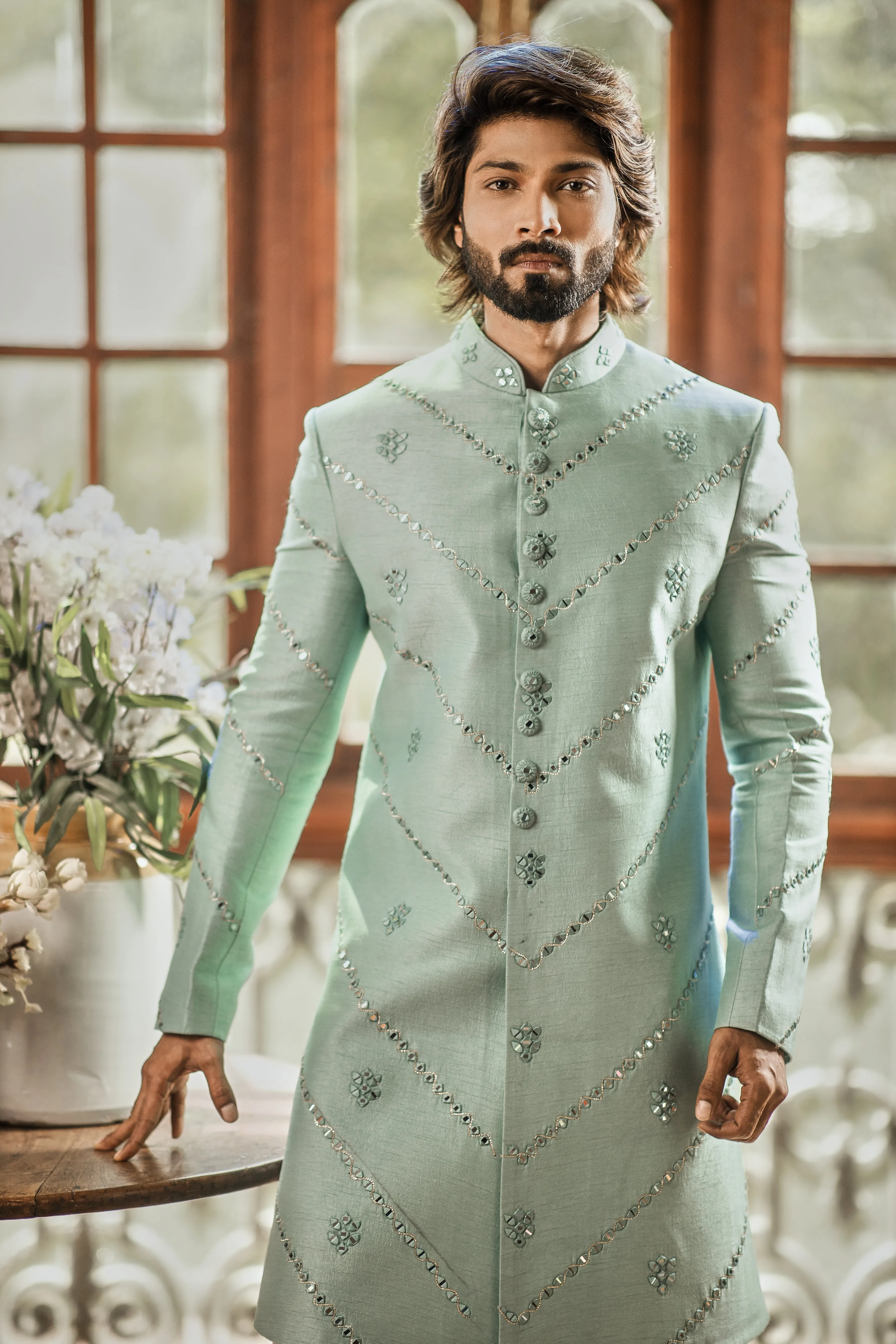 Sea green indo western for Men with mirror work