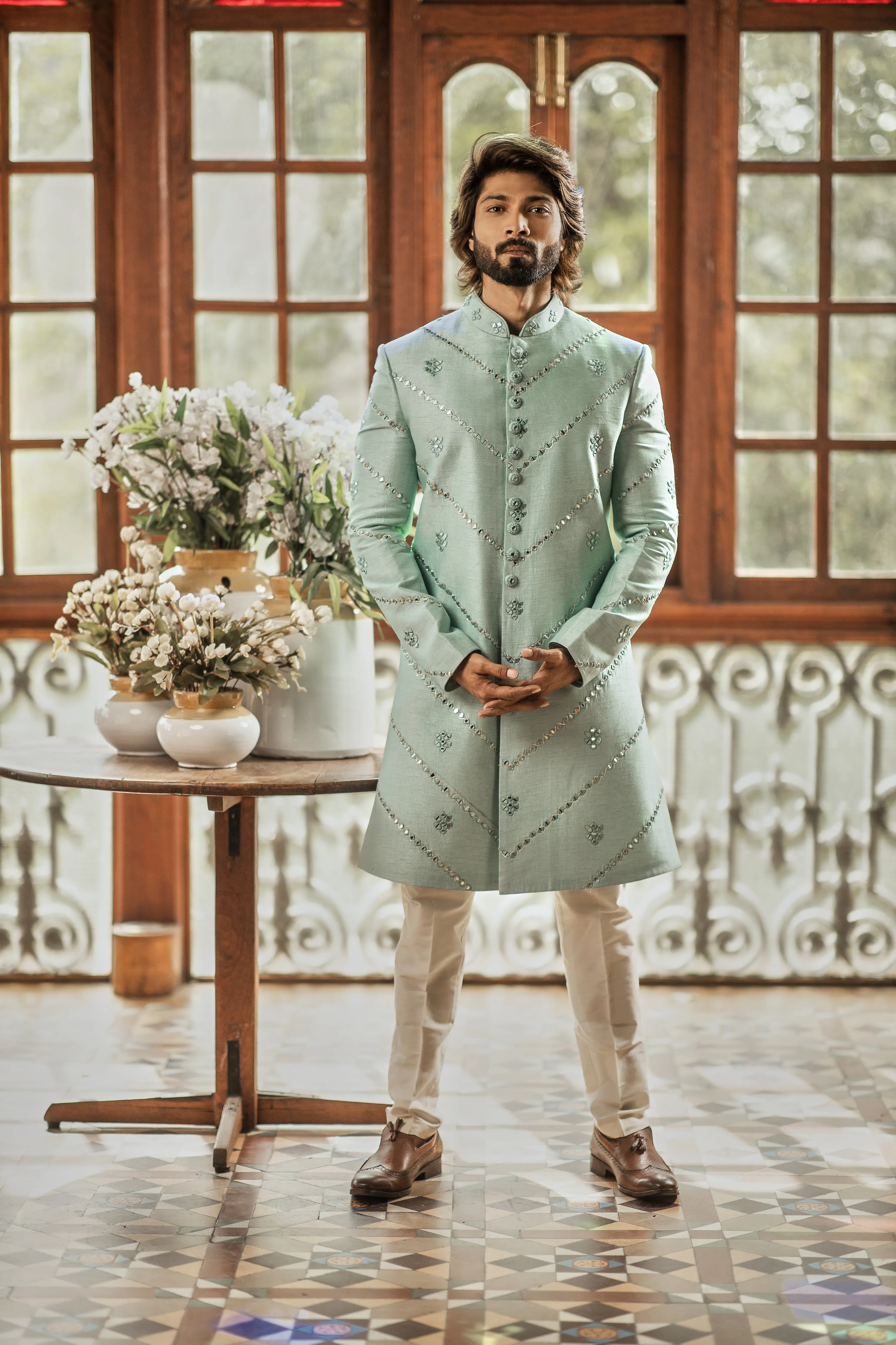 Sea green indo western for Men with mirror work