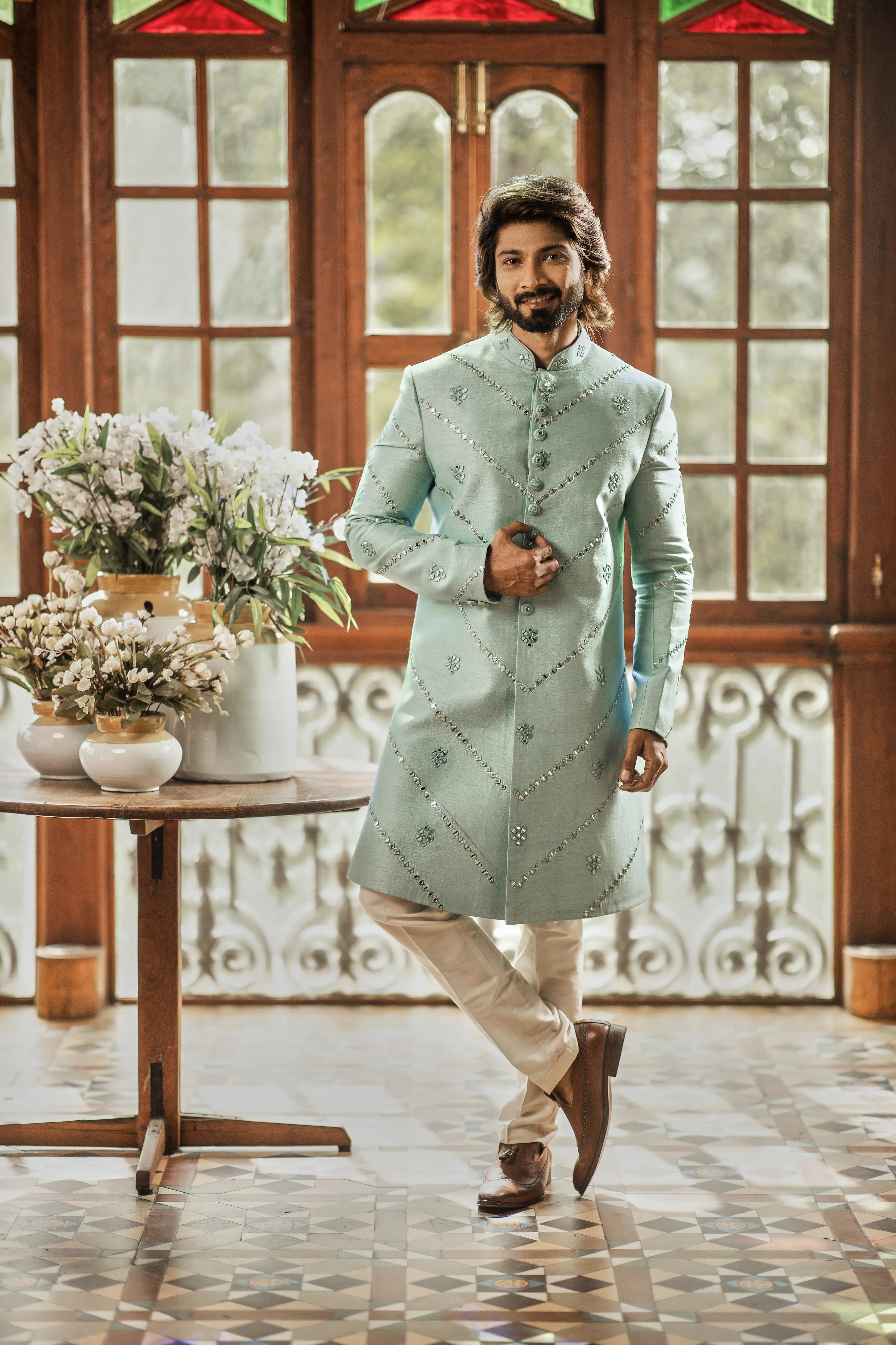 Sea green indo western for Men with mirror work