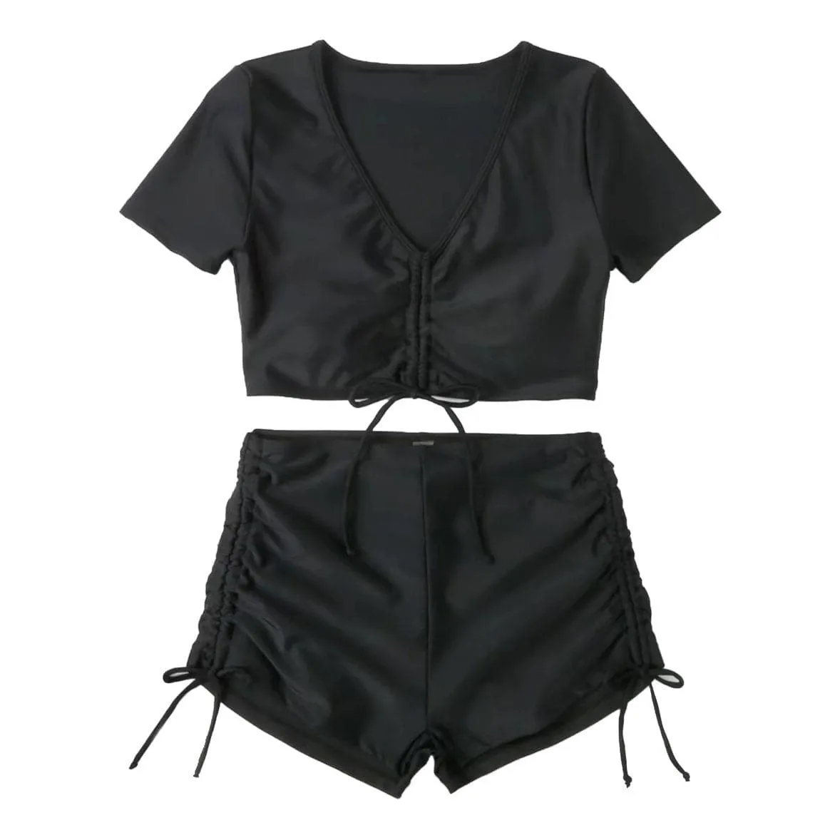 Solid short sleeve drawstring self tie crop top bikini swimwear