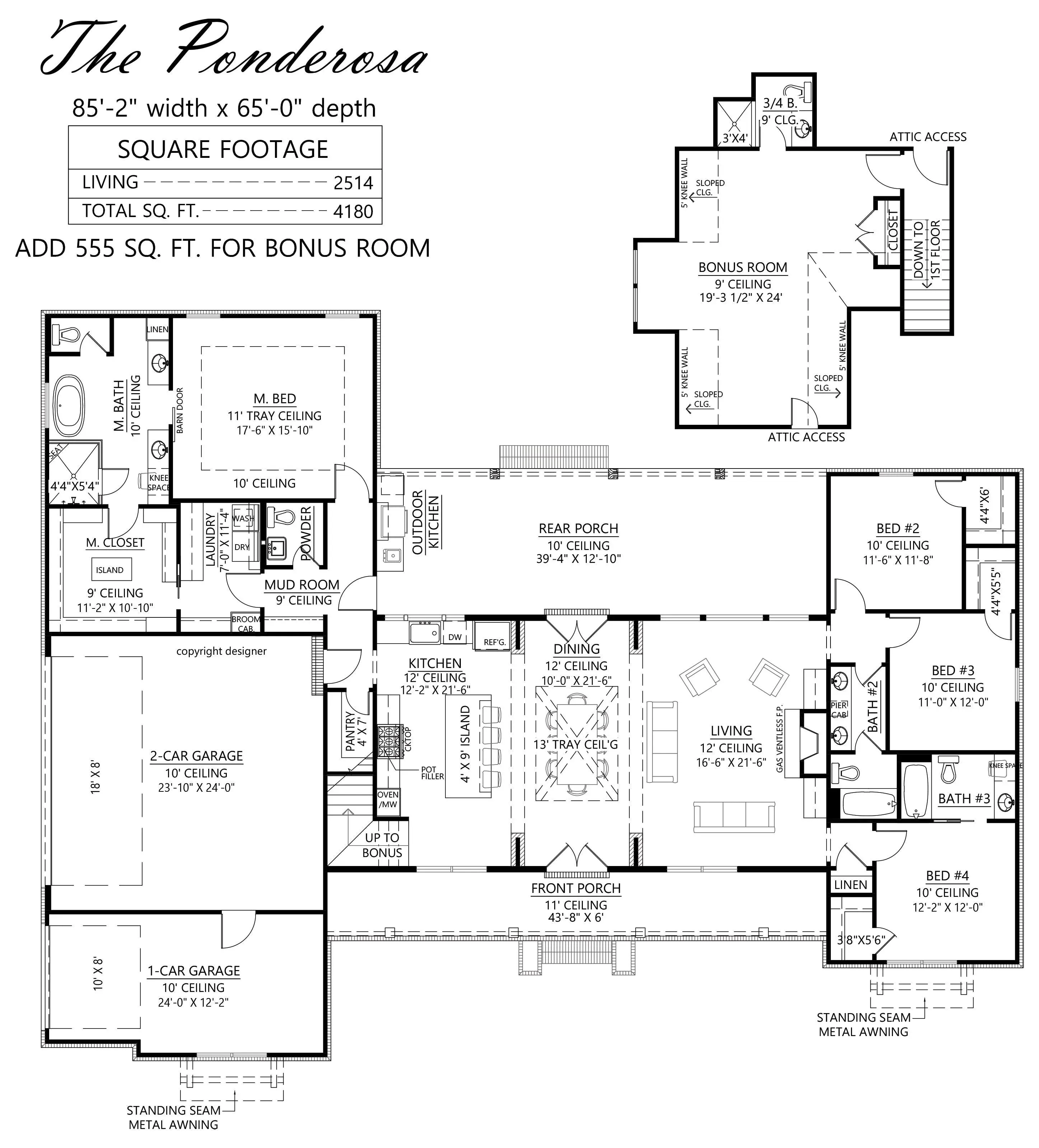 Spacious 4-Bedroom Home Plan with Bonus Room and Porches