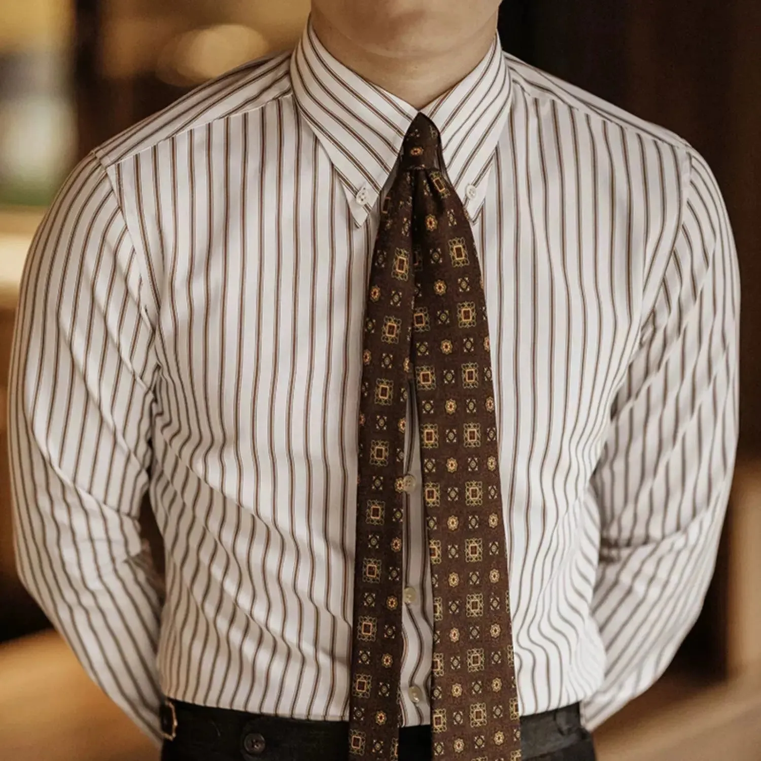 Striped Retro Shirt (Brown) - Cross & Crown