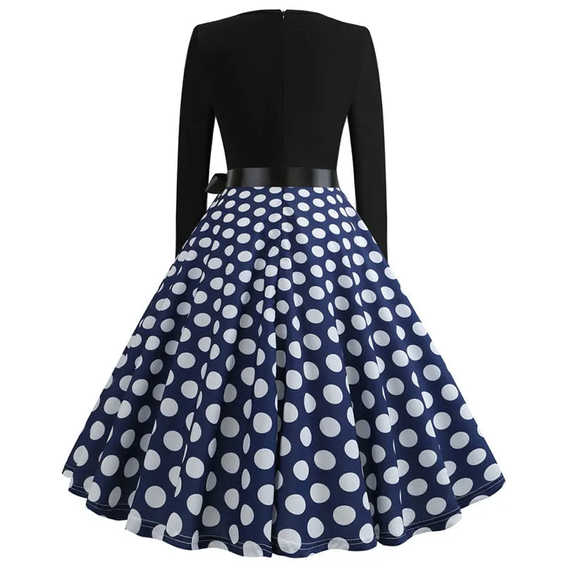VenusFox Women Long Sleeve Vintage Robe Swing Pinup Elegant Party Dress