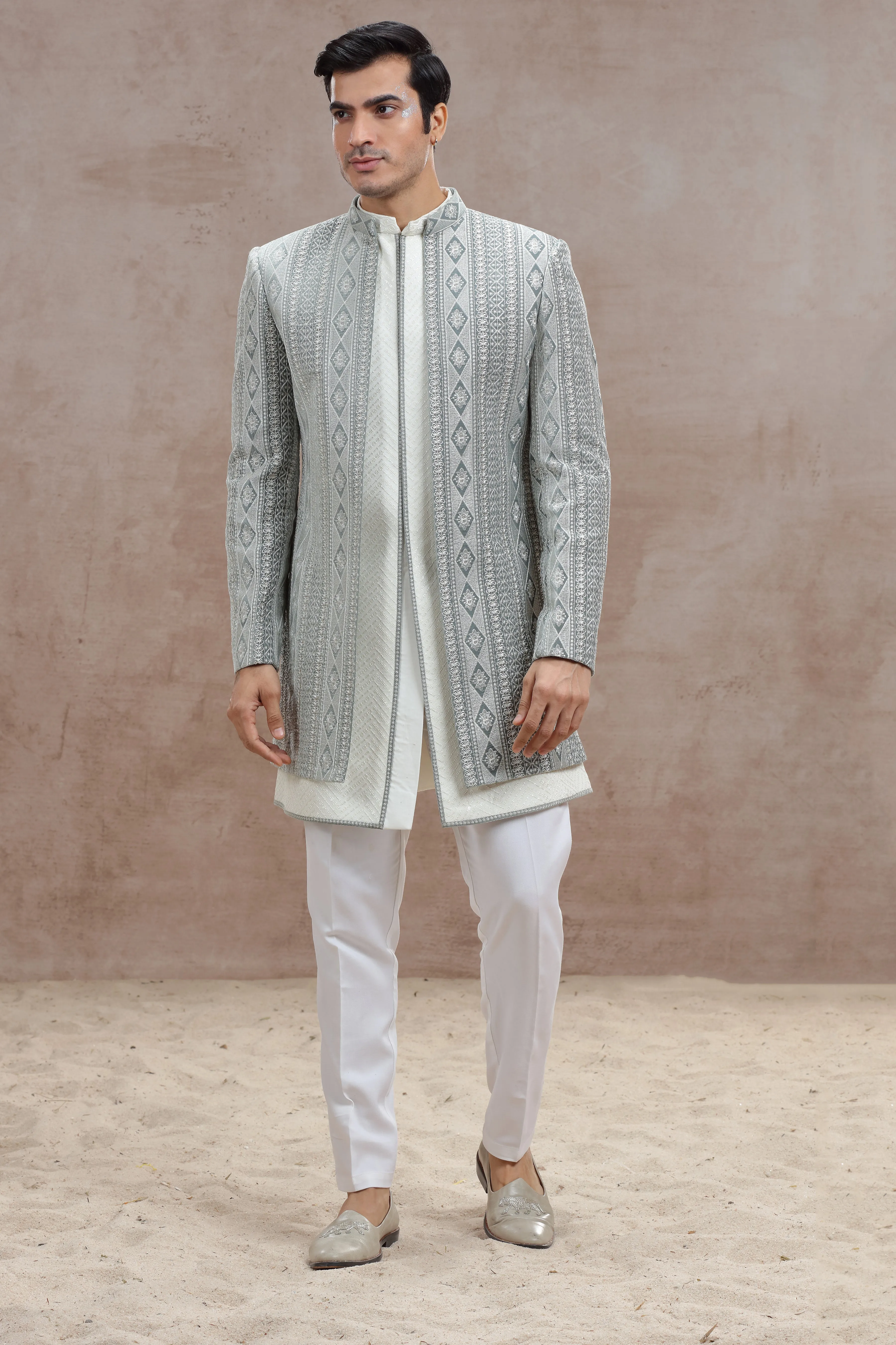 White & Grey Indo Western with Exquisite Chickenkari Work