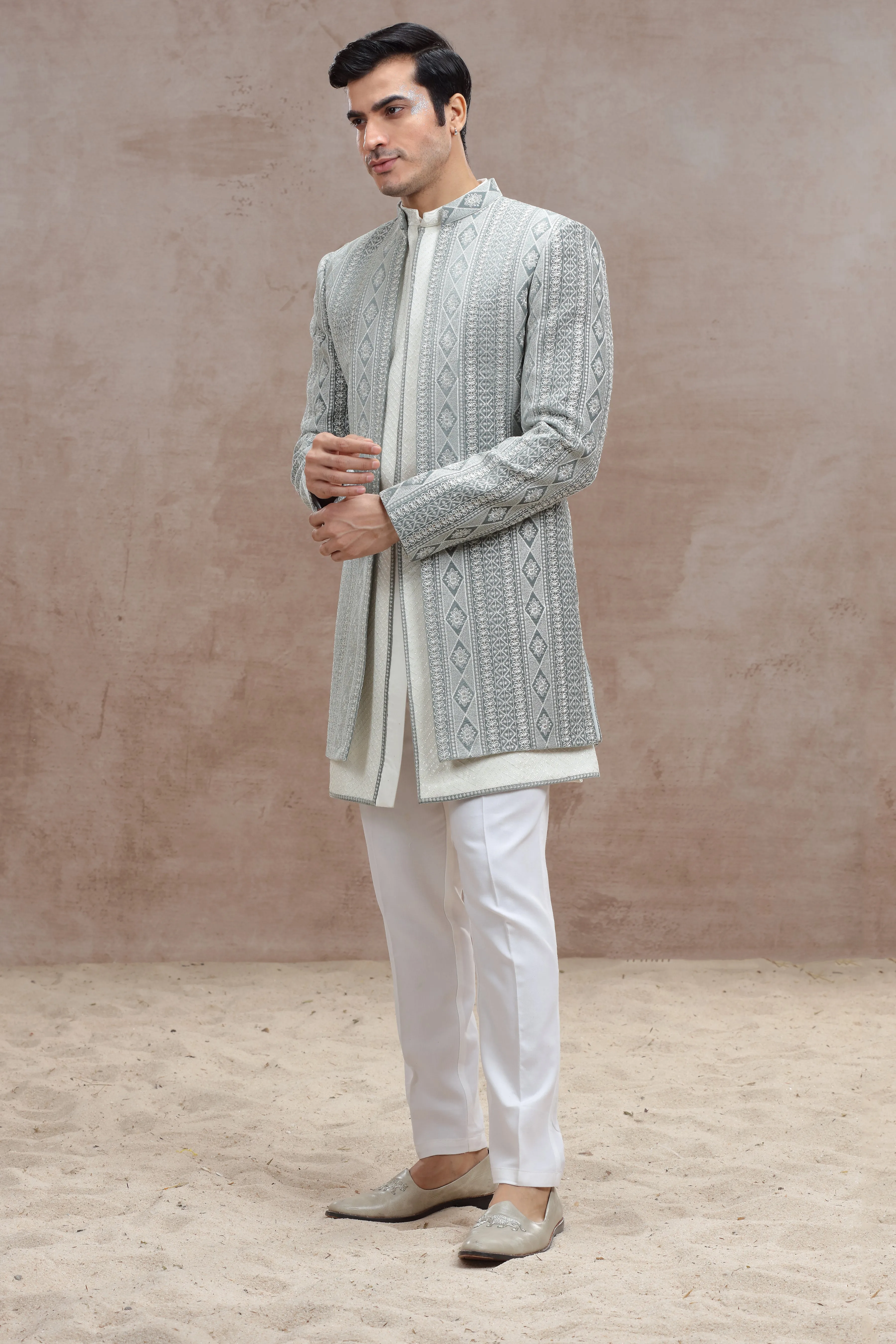 White & Grey Indo Western with Exquisite Chickenkari Work