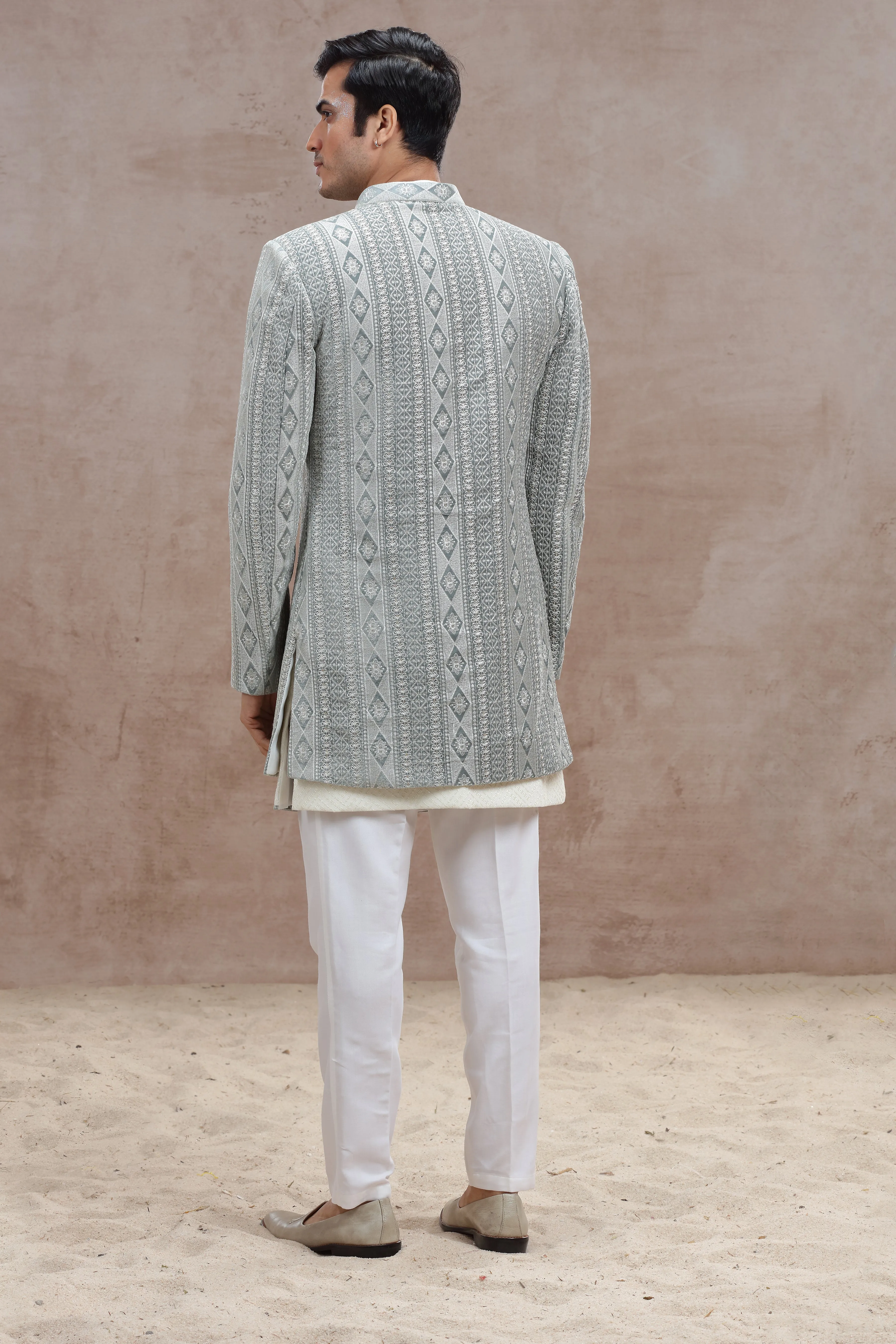 White & Grey Indo Western with Exquisite Chickenkari Work