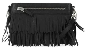 Women's Fringe Zippered Leather Hip Bag - Black