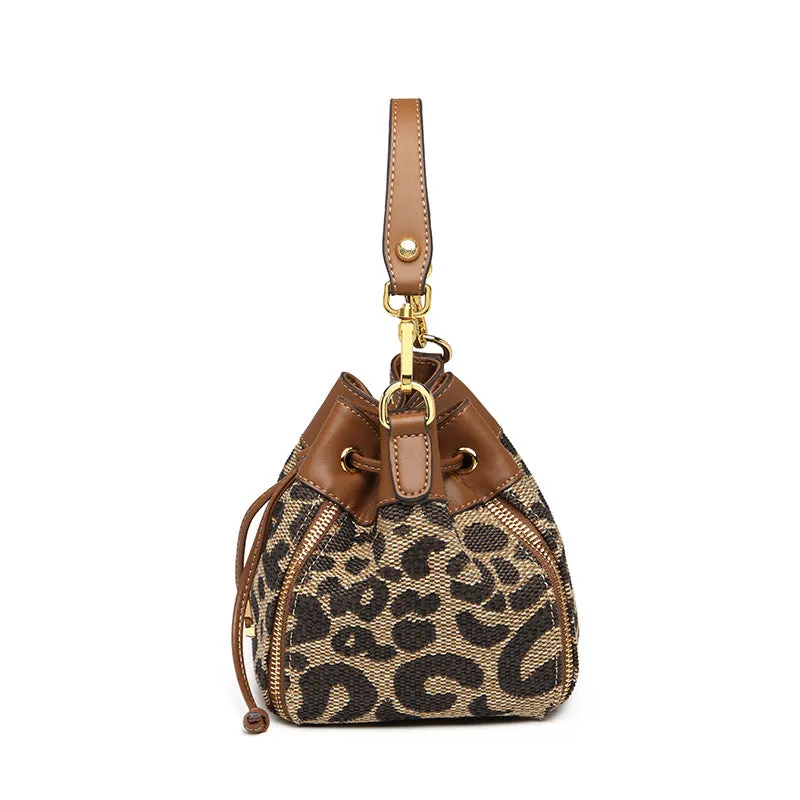 Womne Leopard Print Shoulder Messenger Bucket Bag