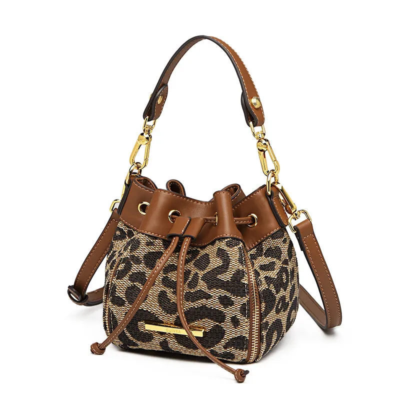 Womne Leopard Print Shoulder Messenger Bucket Bag
