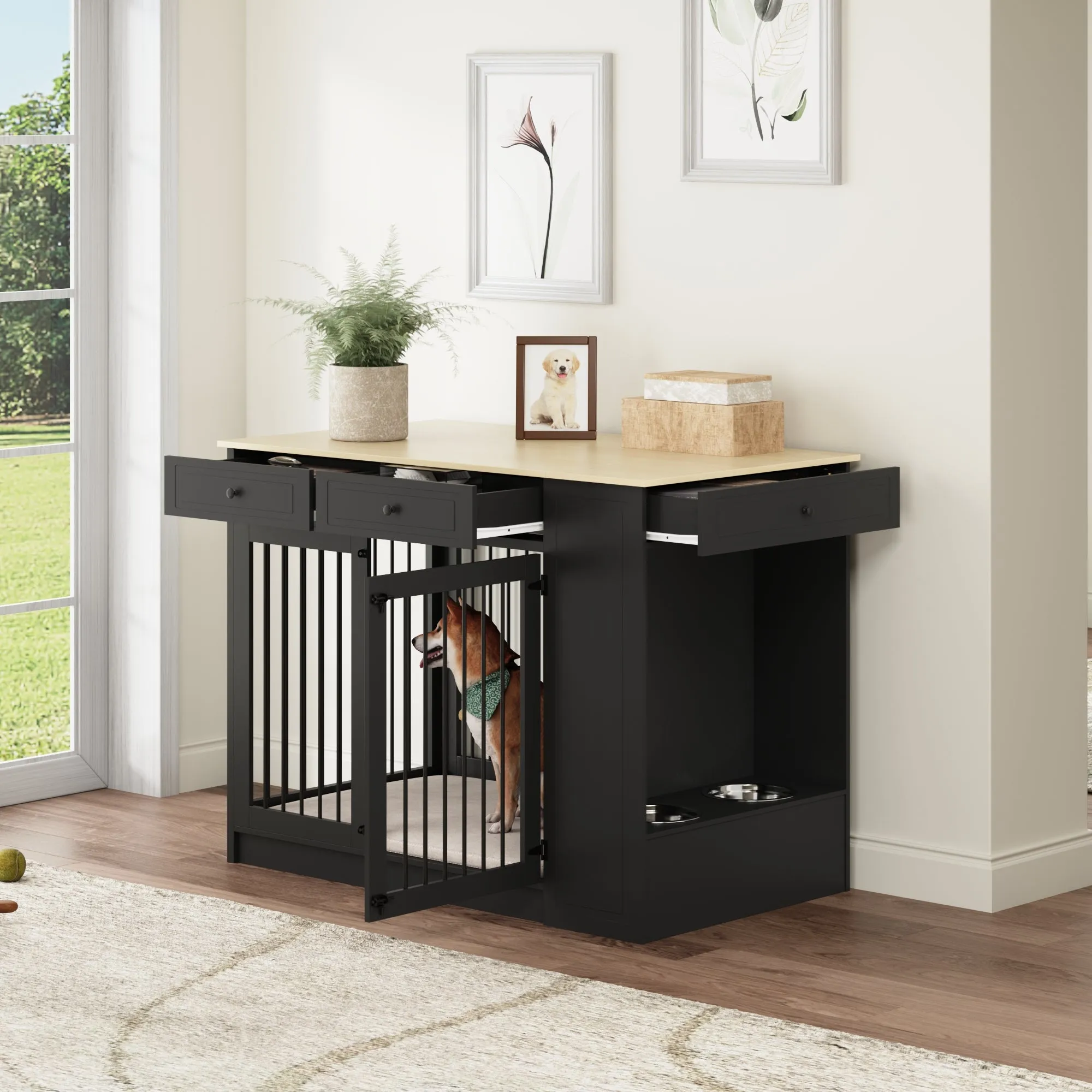 Wood Furniture Style Dog Crate with 1 Door and 3 Drawers