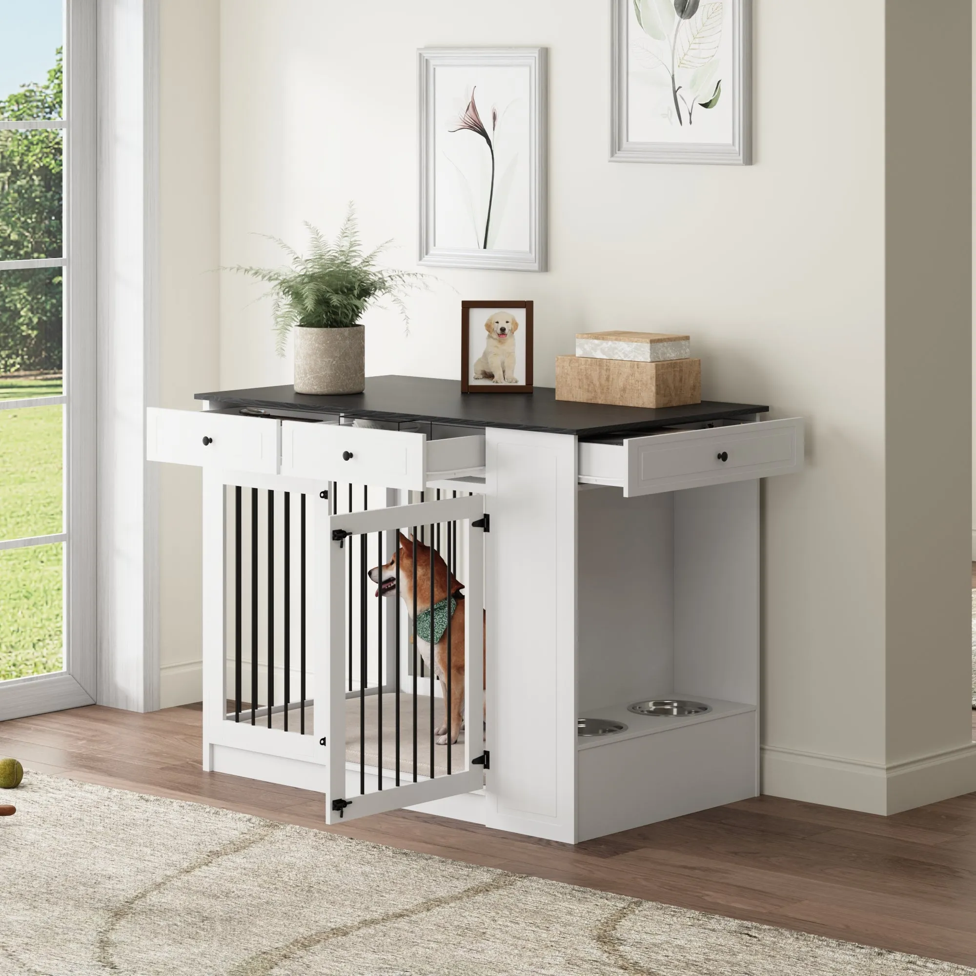 Wood Furniture Style Dog Crate with 1 Door and 3 Drawers