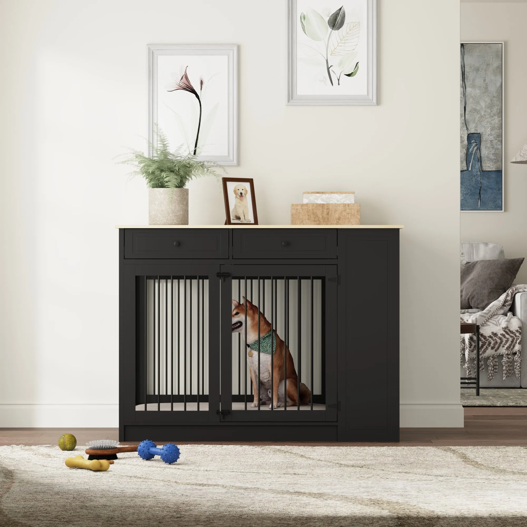 Wood Furniture Style Dog Crate with 1 Door and 3 Drawers