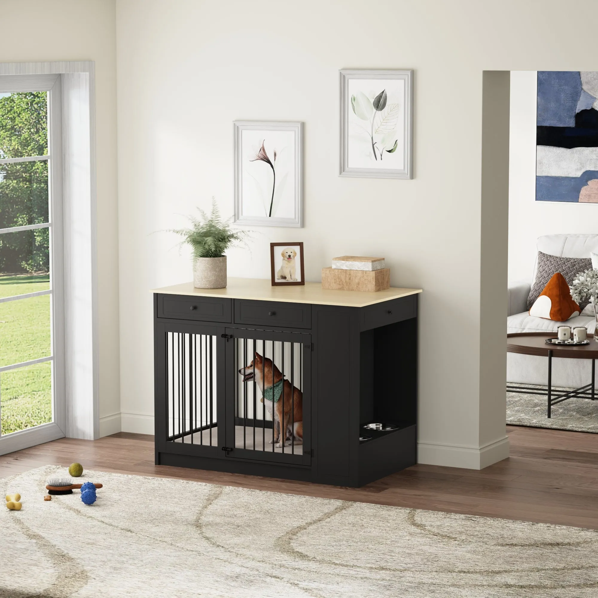 Wood Furniture Style Dog Crate with 1 Door and 3 Drawers