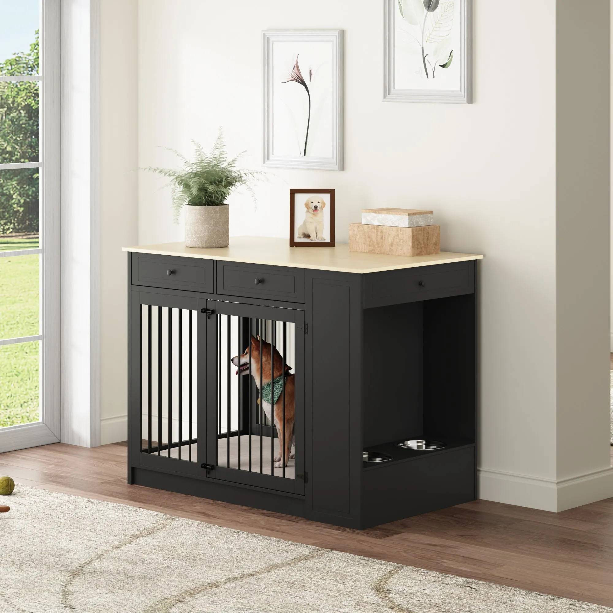Wood Furniture Style Dog Crate with 1 Door and 3 Drawers