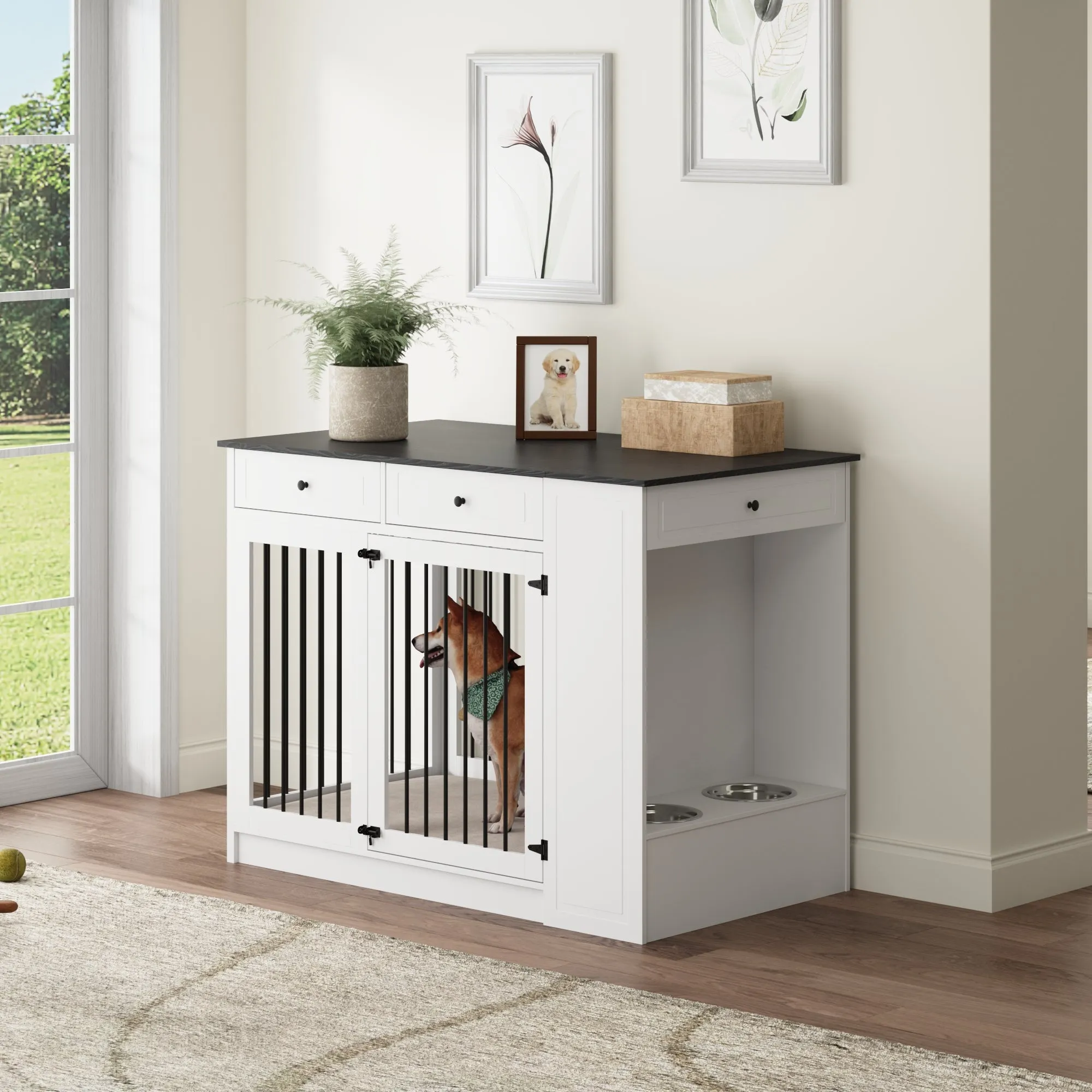 Wood Furniture Style Dog Crate with 1 Door and 3 Drawers