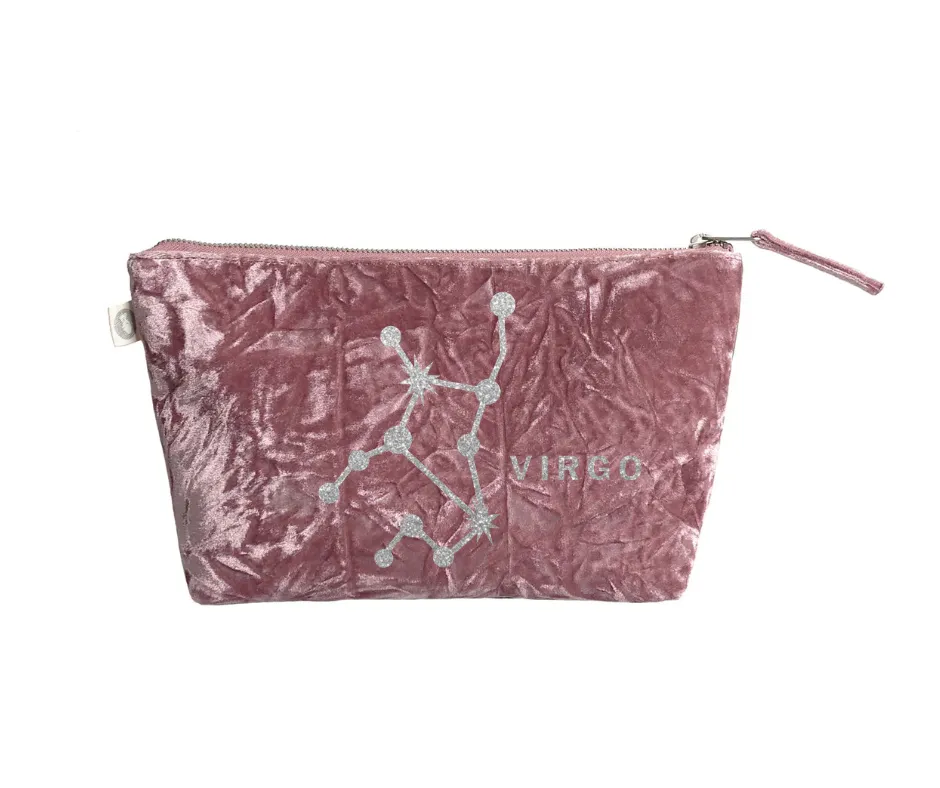 Zodiac Pink Crushed Velvet Large Makeup Bag - Virgo